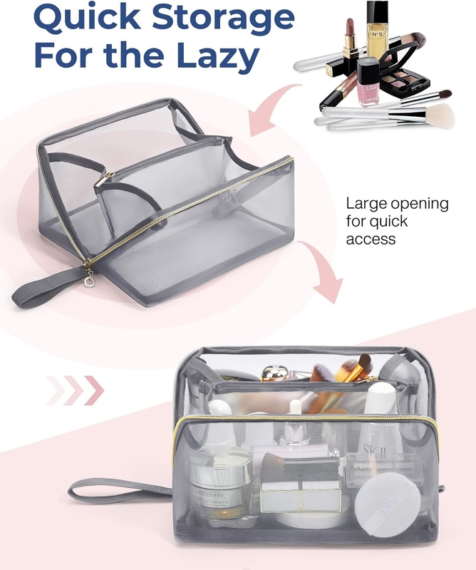 Tragbare große schwarze Maschen-Kosmetik-Tasche Offene Flat-Organisator Reisetasche für Männer Frauen