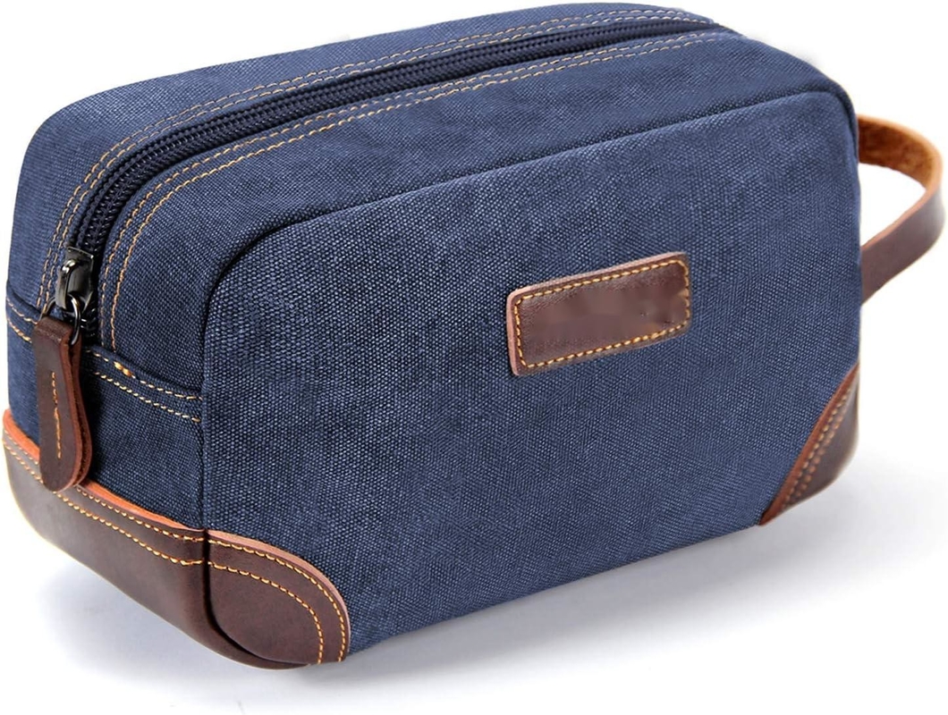 Bad Toilettenartikel Reisetasche für Männer, blaues Leder und Leinwand
