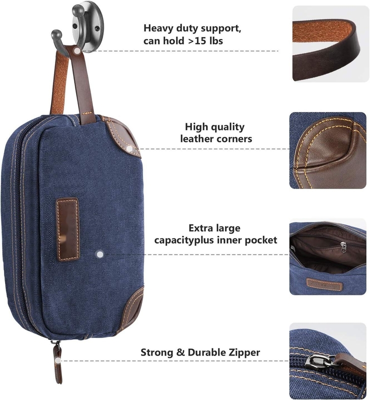 Bad Toilettenartikel Reisetasche für Männer, blaues Leder und Leinwand