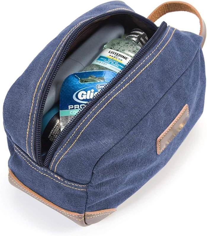 Bad Toilettenartikel Reisetasche für Männer, blaues Leder und Leinwand