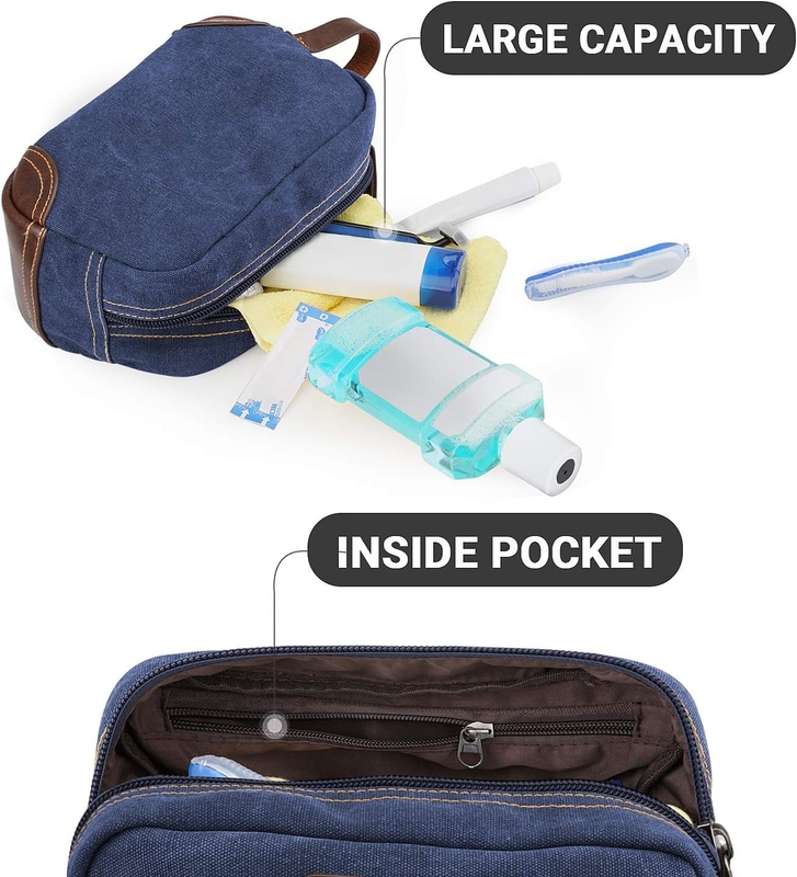 Bad Toilettenartikel Reisetasche für Männer, blaues Leder und Leinwand