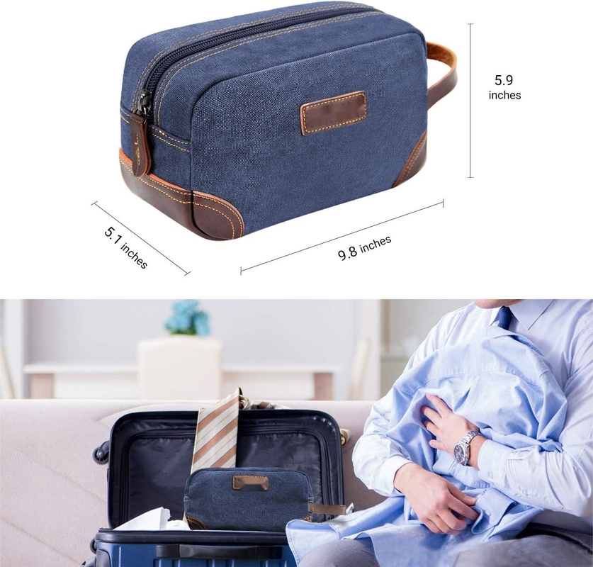 Bad Toilettenartikel Reisetasche für Männer, blaues Leder und Leinwand