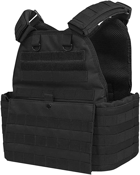 Tactical Vest mit Tellerträgern, eigene Gewehrtasche mit Magazine-Taschen, 3D-Gitter, 34