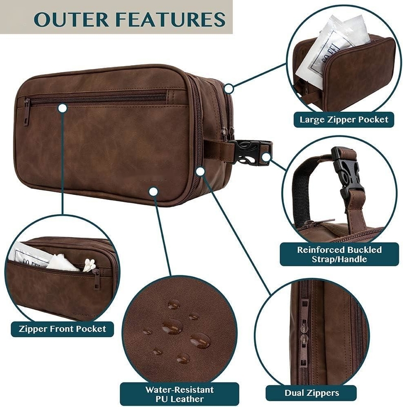 Dunkelbraunes wasserdichtes Dopp-Kit PU-Leder Rasiertasche Organisator Reisetasche für Accessoires Kosmetische Hygiene