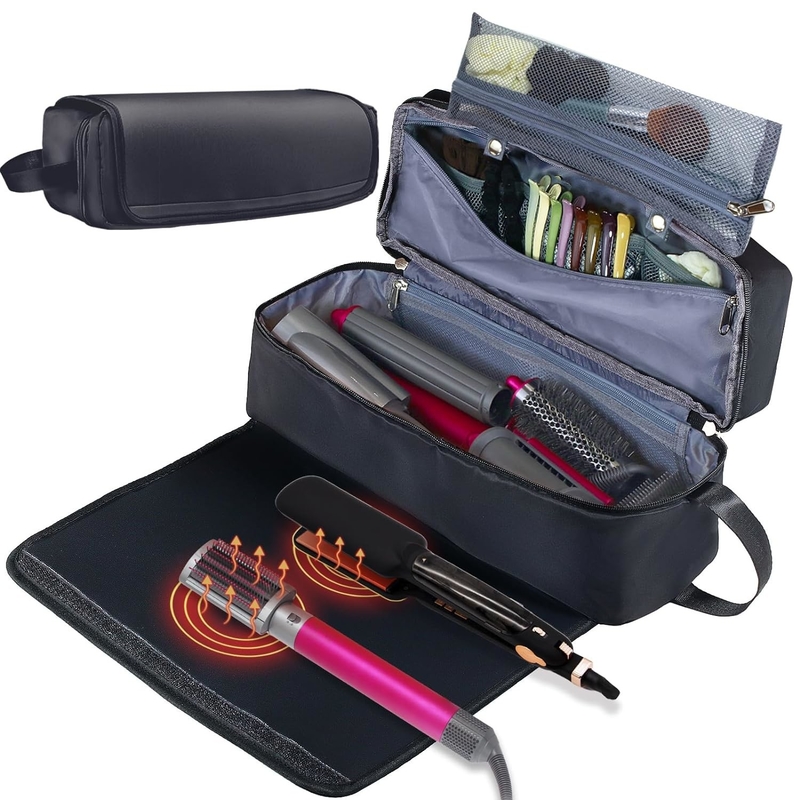 2 in 1 Reisetasche für Haare mit hitzebeständiger Matte für flache Bügeleisen Geradehalter, Lockenbügel und Haarpflegezubehör