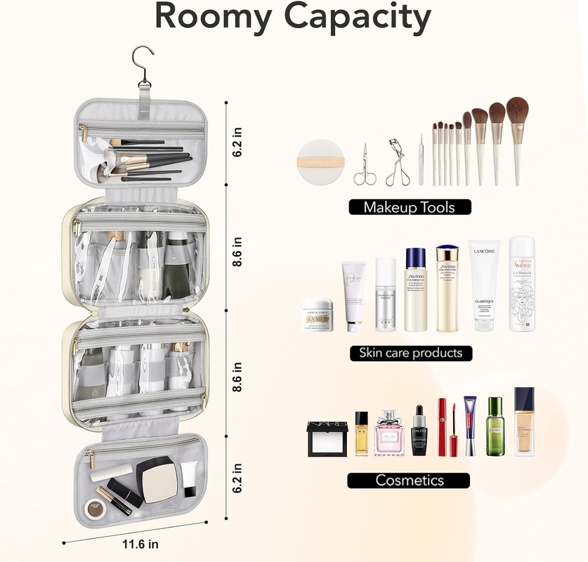 Wasserdichte cremige weiße Toilettenartikel Hängende Make-up Kosmetik Organisator Reisetasche für Toilettenartikel voller Größe Zubehör