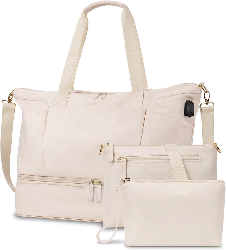 Beige Handtasche Erweiterbare Wochenendtasche mit Schuhfach und nasser Tasche
