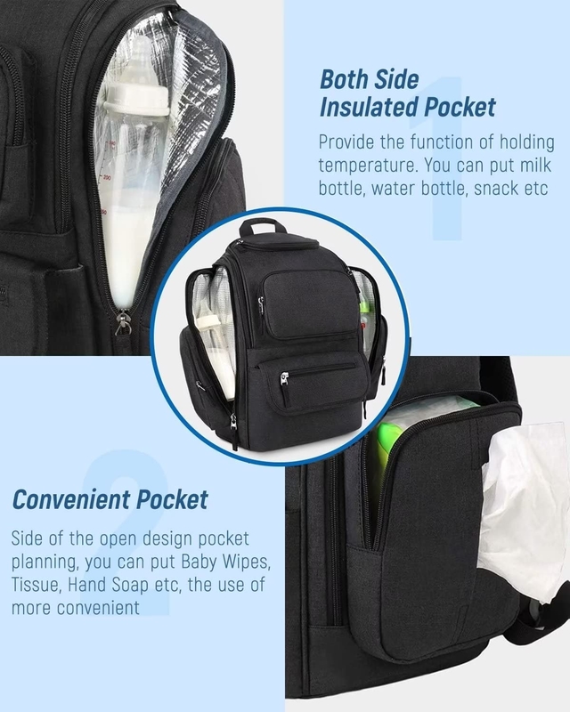 Wasserdichte Multifunktionswindel-Reisetasche mit 2 seitlich isolierten Taschen für Männer Frauen