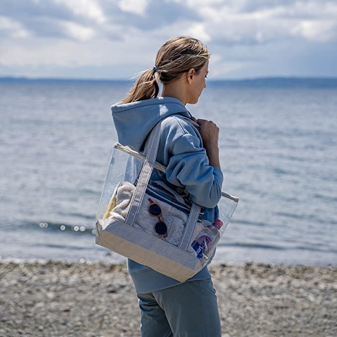 Durchsichtige, kundenspezifische Einkaufstaschen, Transparente PVC-Tote-Tasche, Sportstadion, Außenstrand, 14x5x13